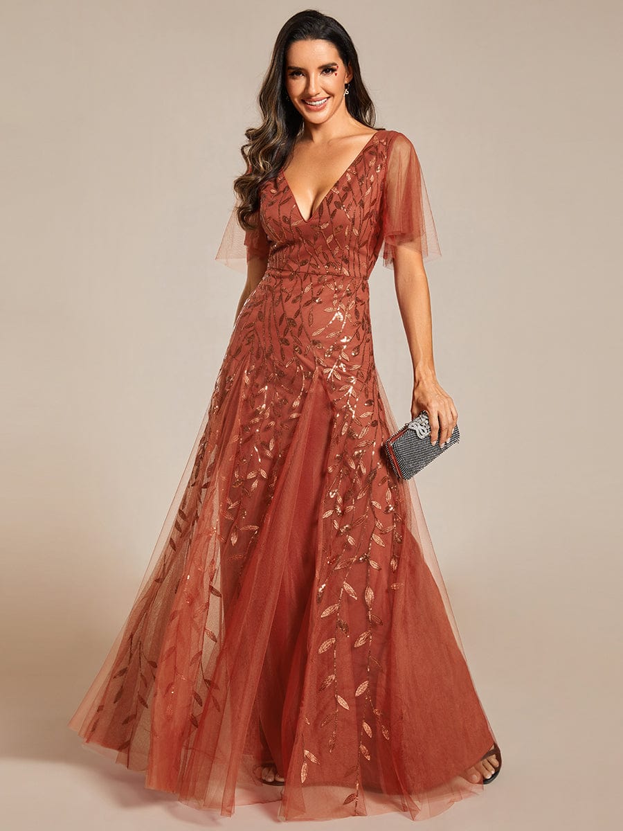 Shimmery V Neck Ruffle Sleeves Sequin Maxi Long Evening Dress #color_Burnt Orange