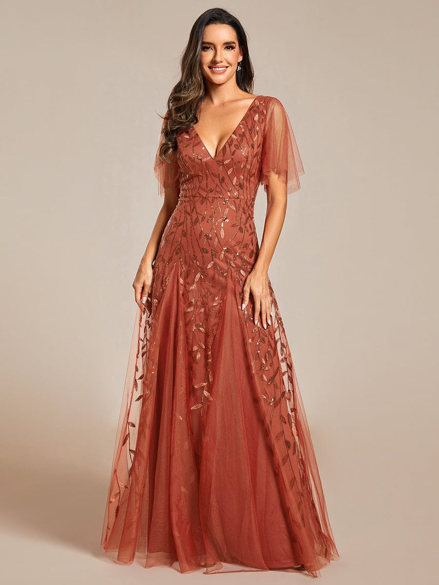 Shimmery V Neck Ruffle Sleeves Sequin Maxi Long Evening Dress #color_Burnt Orange