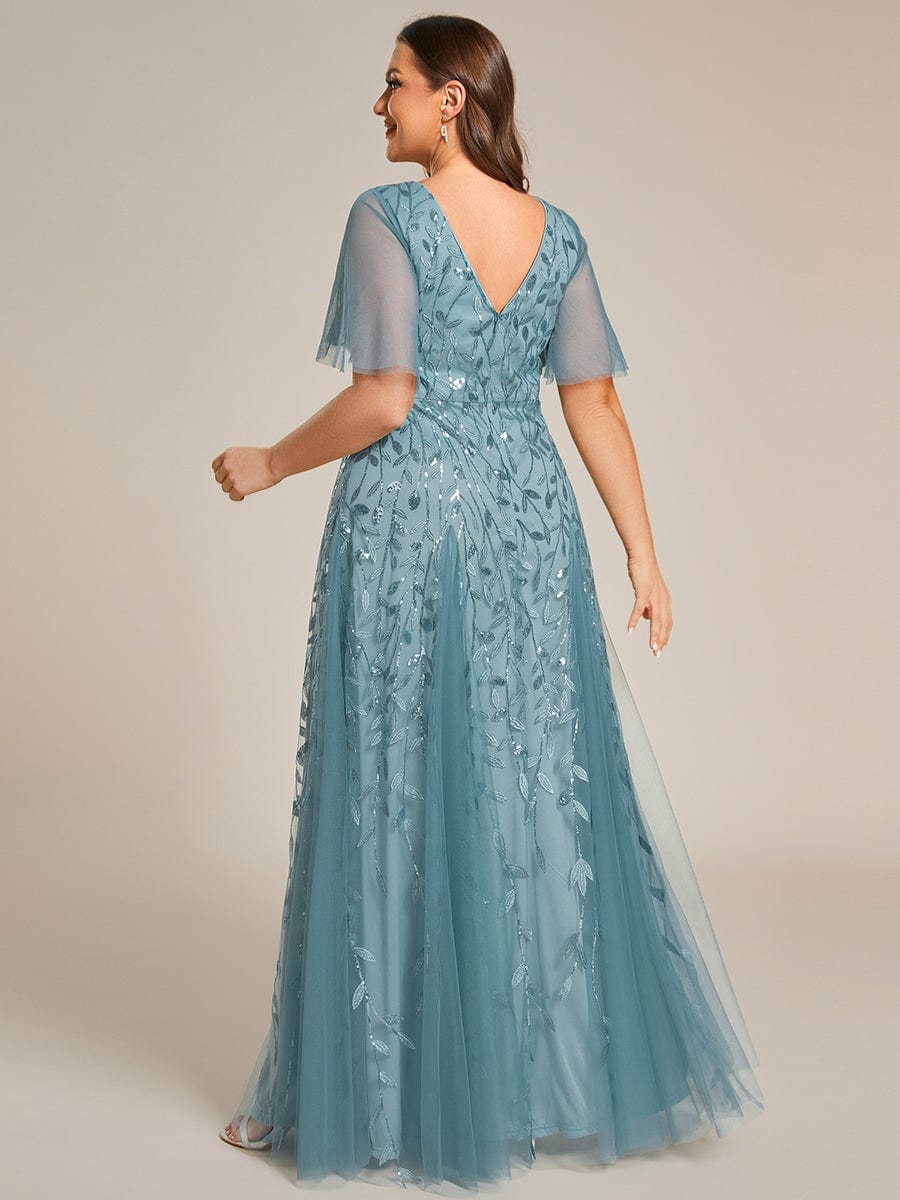 Shimmery V Neck Ruffle Sleeves Sequin Maxi Long Evening Dress #color_Dusty Blue