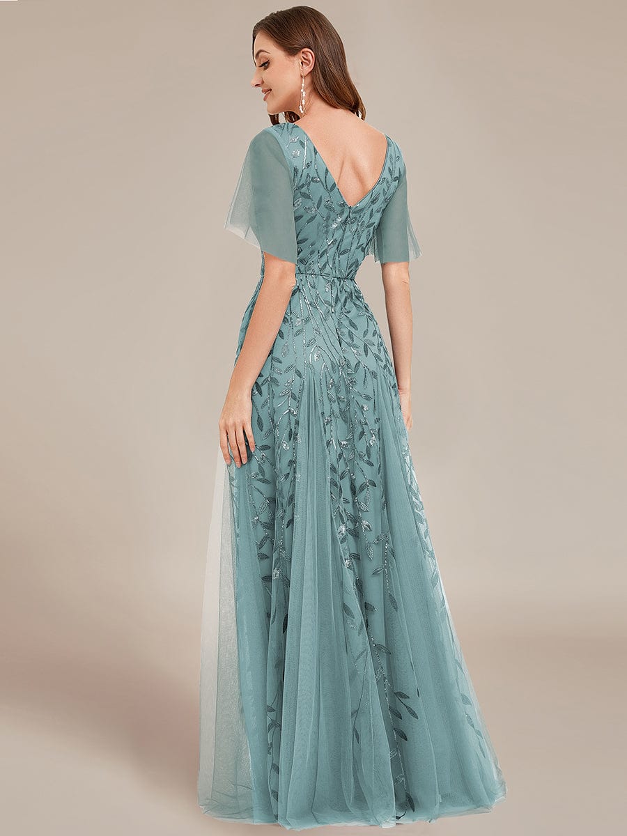 Shimmery V Neck Ruffle Sleeves Sequin Maxi Long Evening Dress #color_Dusty Blue