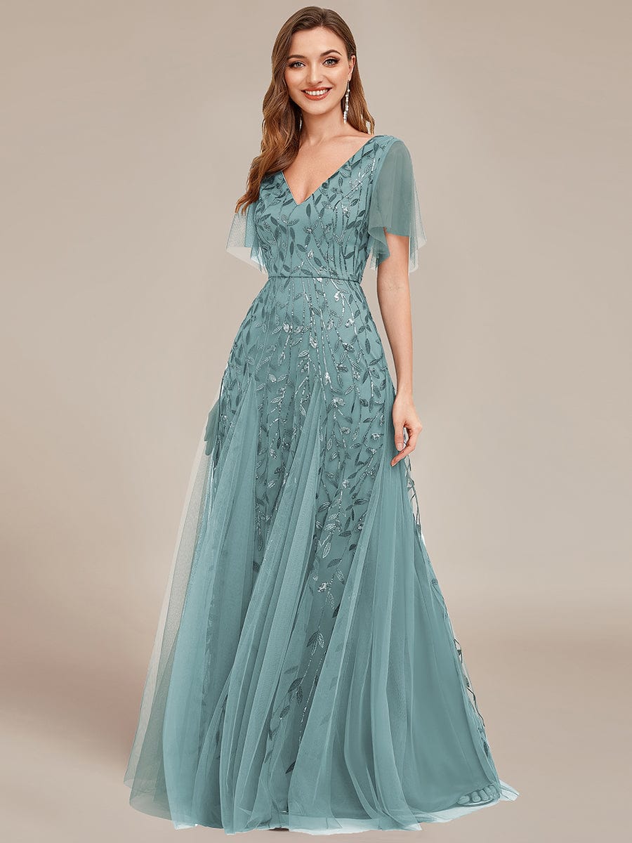 Shimmery V Neck Ruffle Sleeves Sequin Maxi Long Evening Dress #color_Light Teal