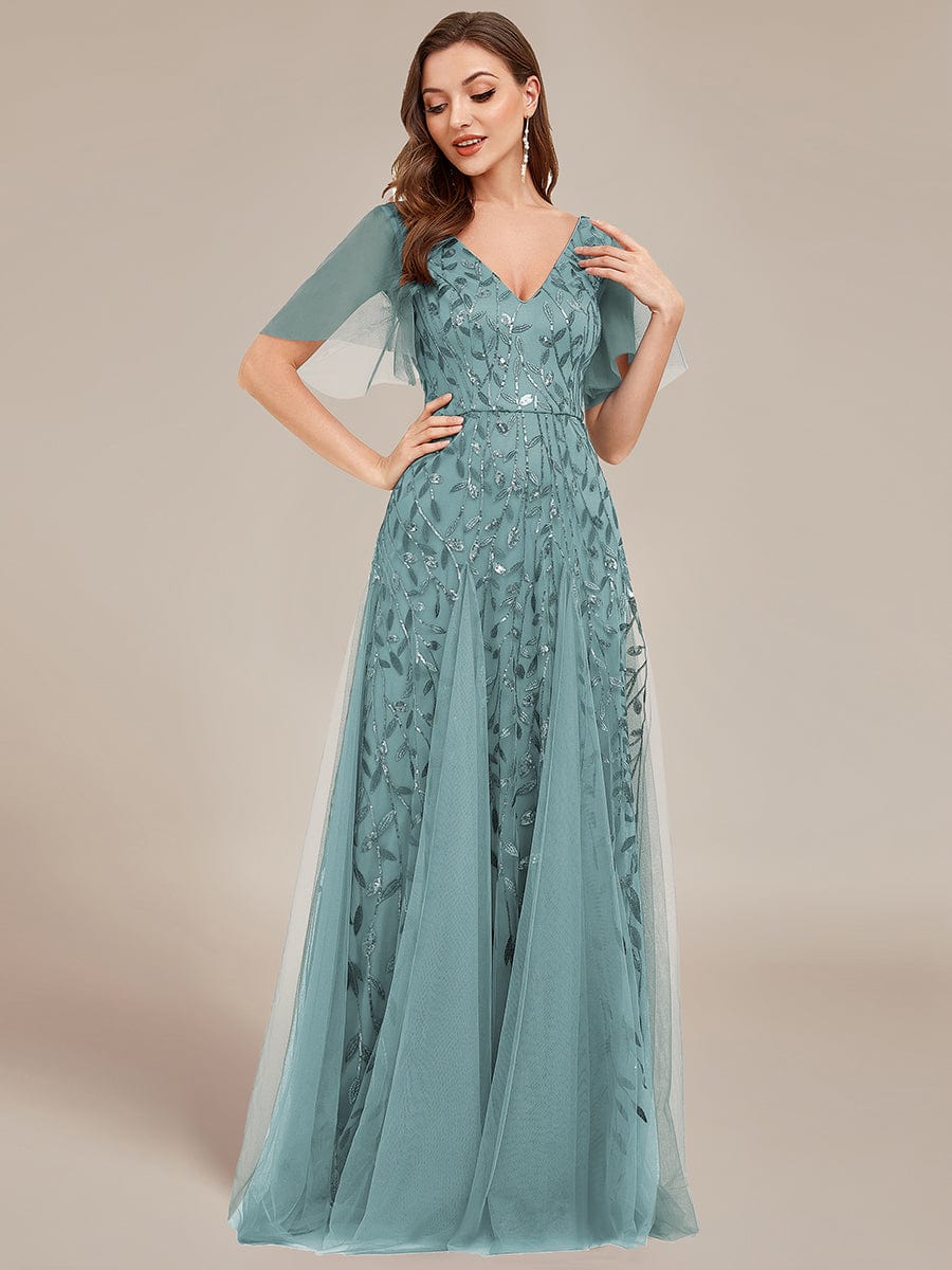 Shimmery V Neck Ruffle Sleeves Sequin Maxi Long Evening Dress #color_Dusty Blue