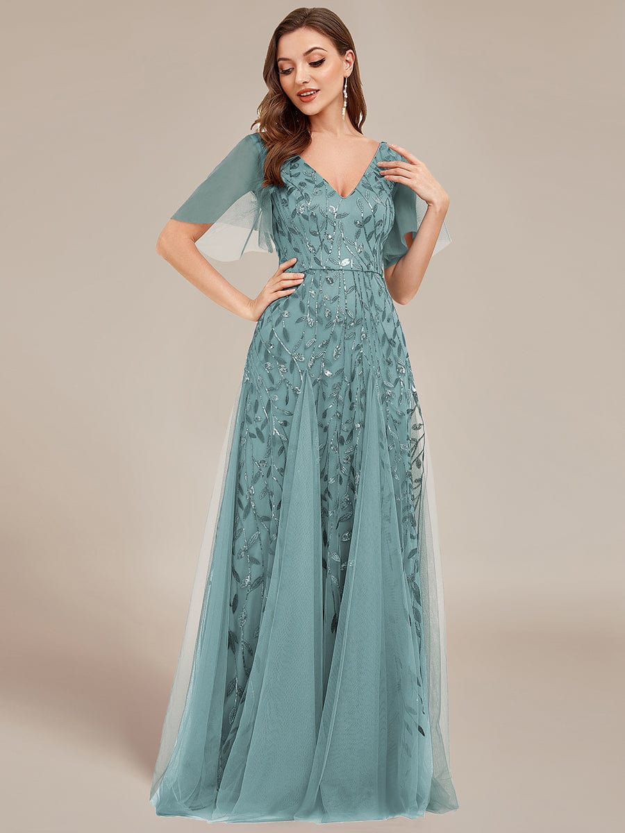 Shimmery V Neck Ruffle Sleeves Sequin Maxi Long Evening Dress #color_Light Teal