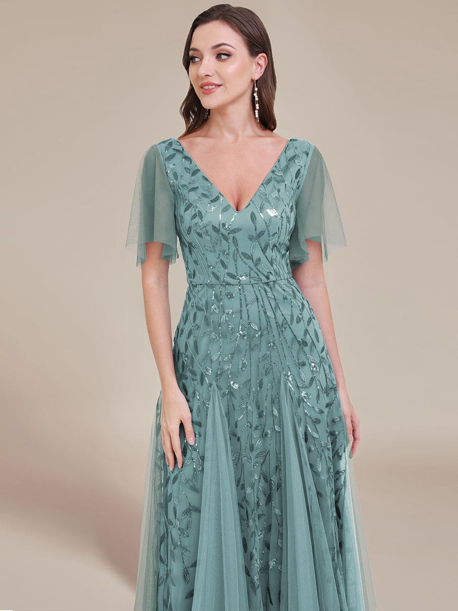 Shimmery V Neck Ruffle Sleeves Sequin Maxi Long Evening Dress #color_Light Teal