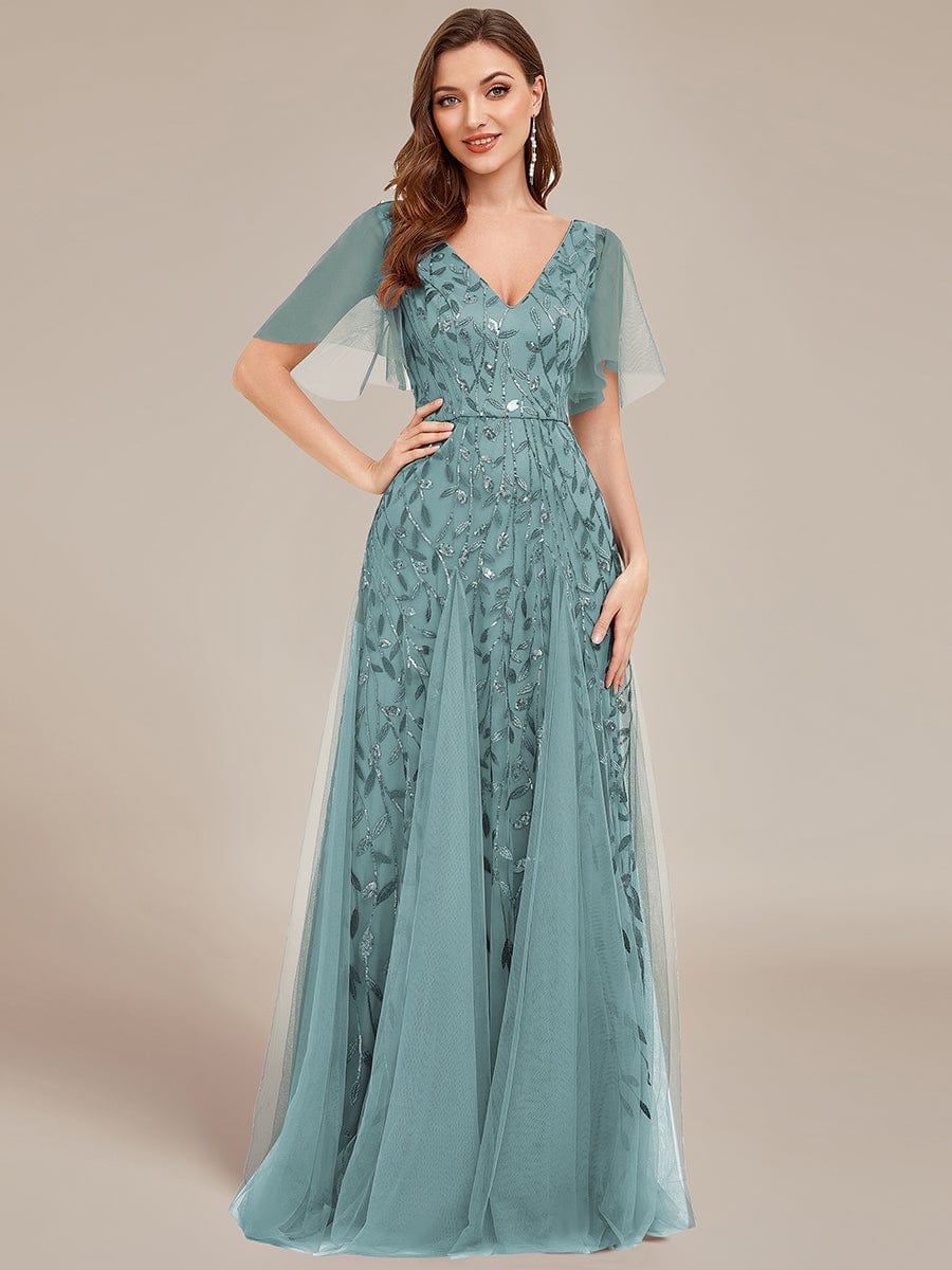 Shimmery V Neck Ruffle Sleeves Sequin Maxi Long Evening Dress #color_Dusty Blue