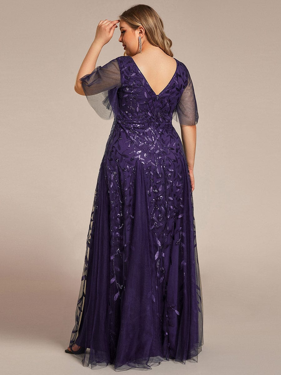 Shimmery V Neck Ruffle Sleeves Sequin Maxi Long Evening Dress #color_Dark Purple