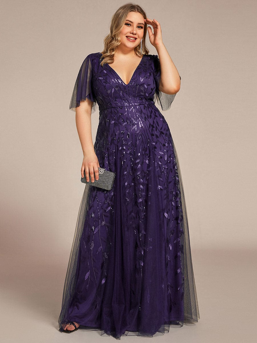 Shimmery V Neck Ruffle Sleeves Sequin Maxi Long Evening Dress #color_Dark Purple