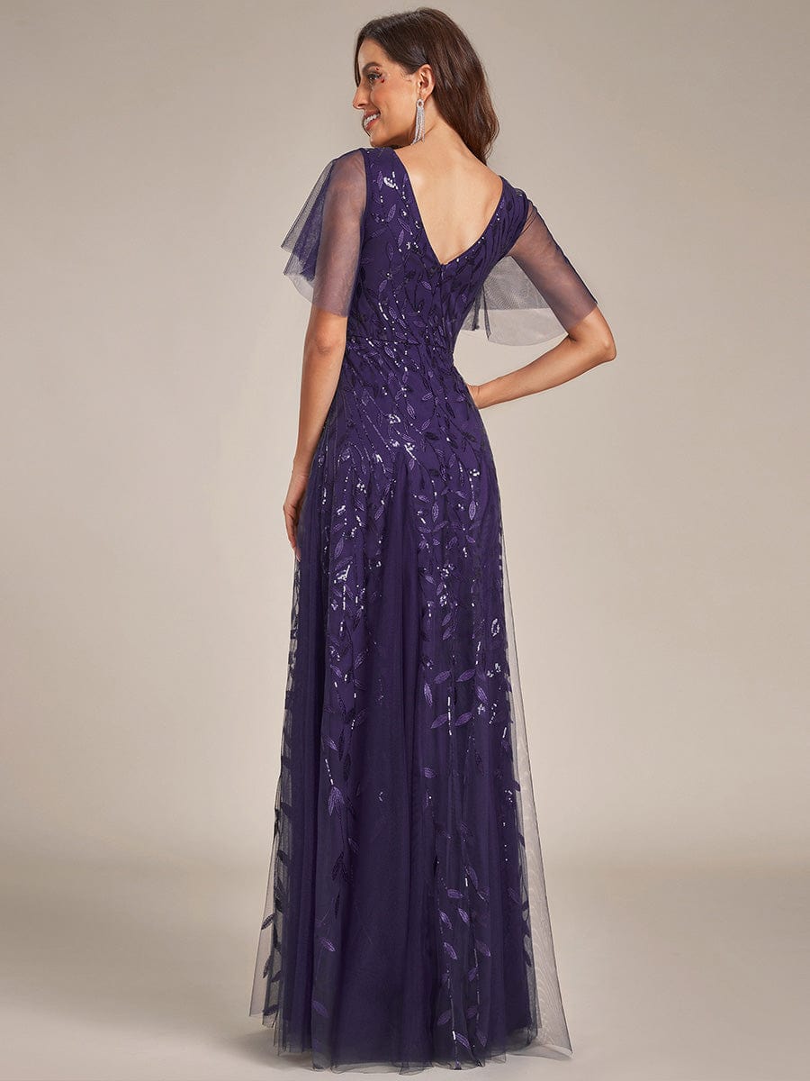 Shimmery V Neck Ruffle Sleeves Sequin Maxi Long Evening Dress #color_Dark Purple