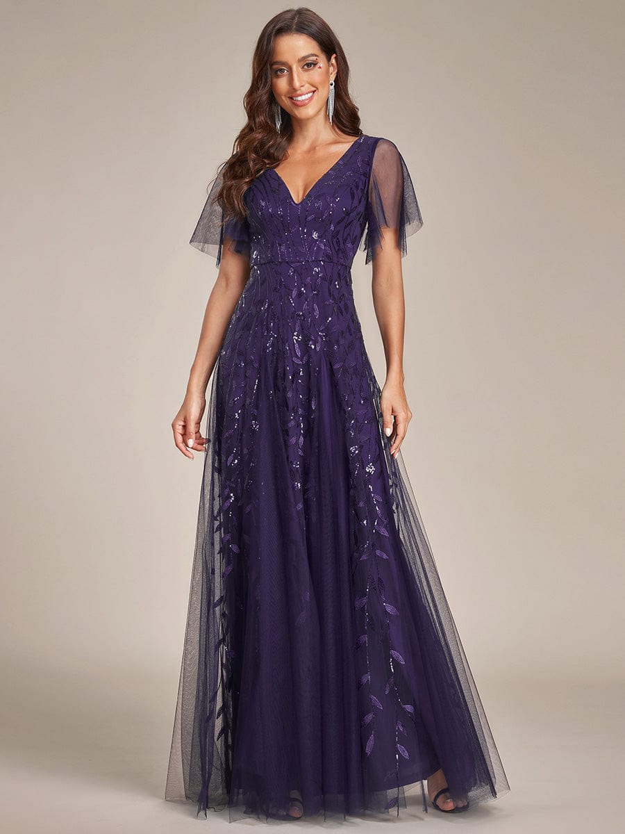 Shimmery V Neck Ruffle Sleeves Sequin Maxi Long Evening Dress #color_Dark Purple