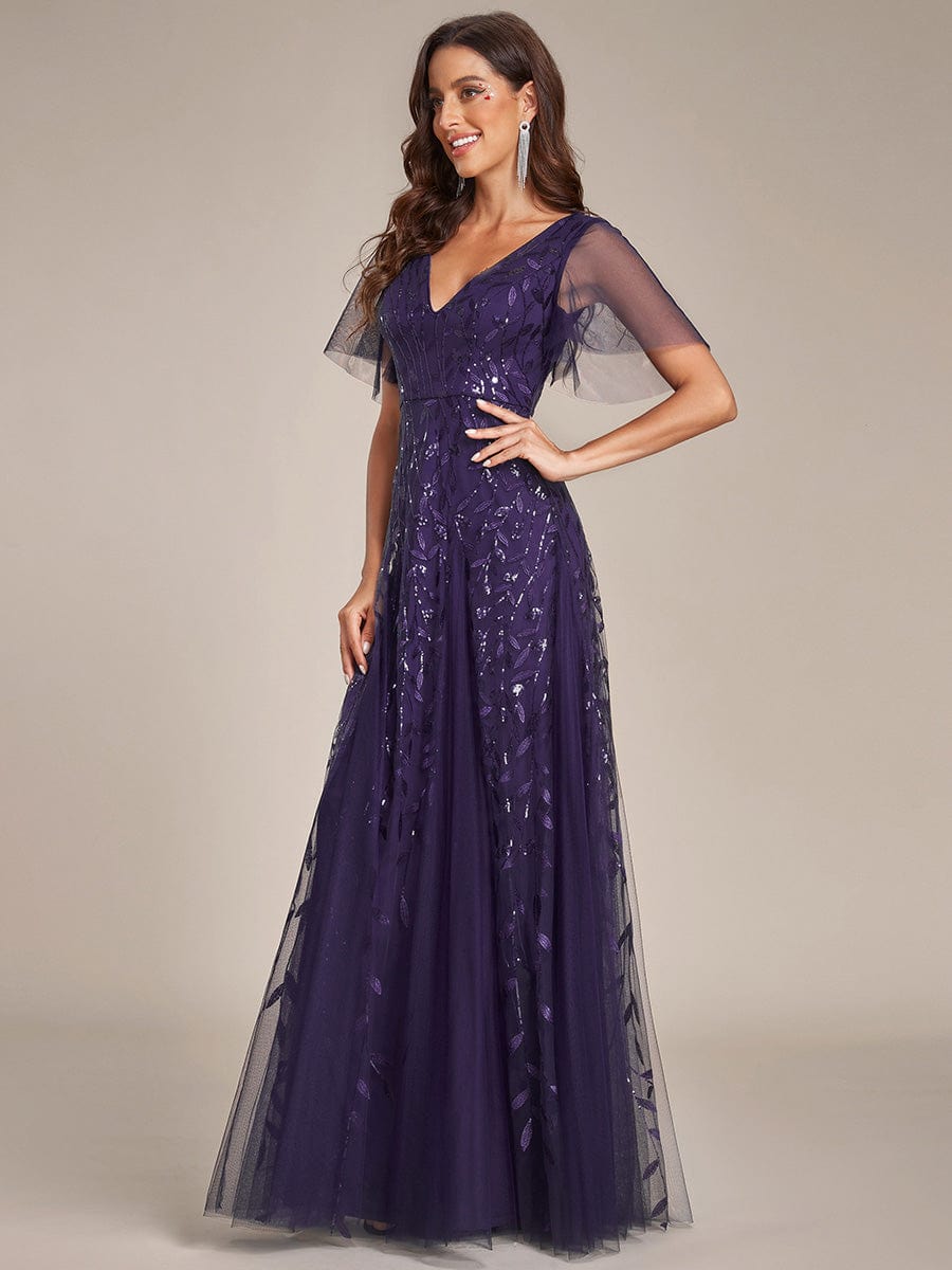 Shimmery V Neck Ruffle Sleeves Sequin Maxi Long Evening Dress #color_Dark Purple