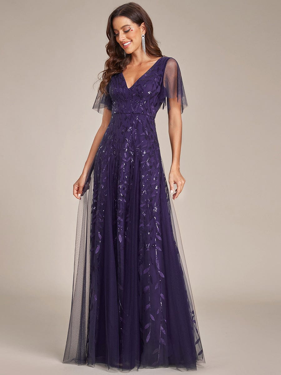 Shimmery V Neck Ruffle Sleeves Sequin Maxi Long Evening Dress #color_Dark Purple