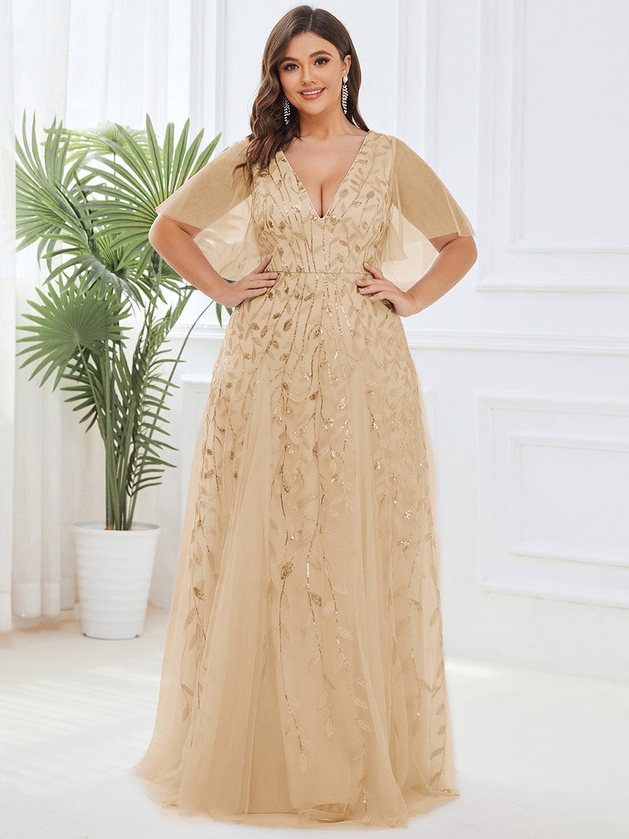 Shimmery V Neck Ruffle Sleeves Sequin Maxi Long Evening Dress #color_Gold