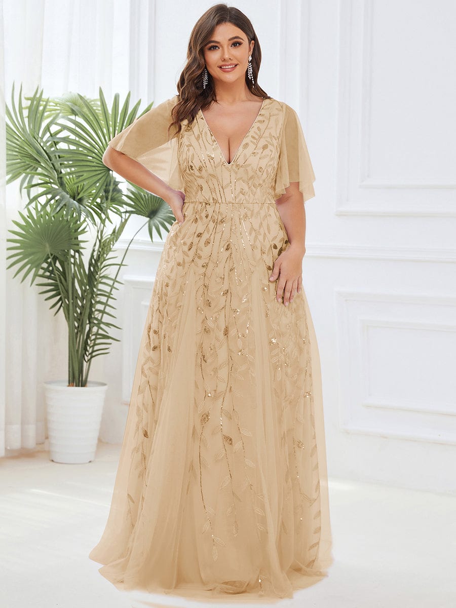 Shimmery V Neck Ruffle Sleeves Sequin Maxi Long Evening Dress #color_Gold