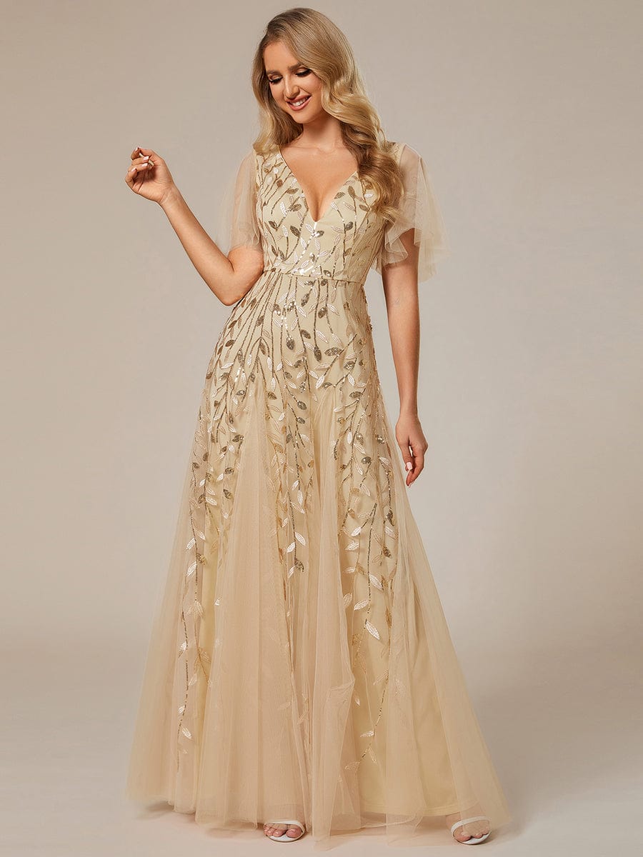 Shimmery V Neck Ruffle Sleeves Sequin Maxi Long Evening Dress #color_Gold