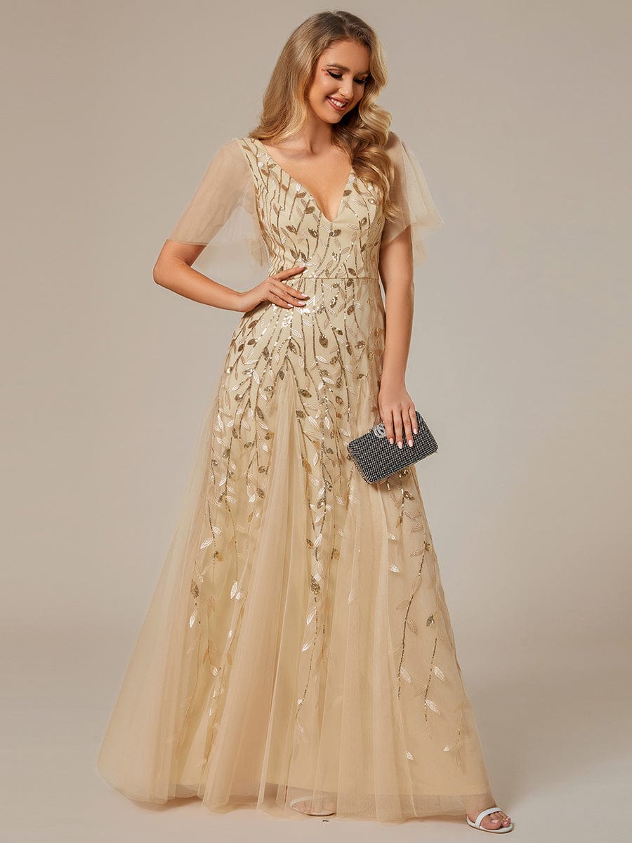 Shimmery V Neck Ruffle Sleeves Sequin Maxi Long Evening Dress #color_Gold