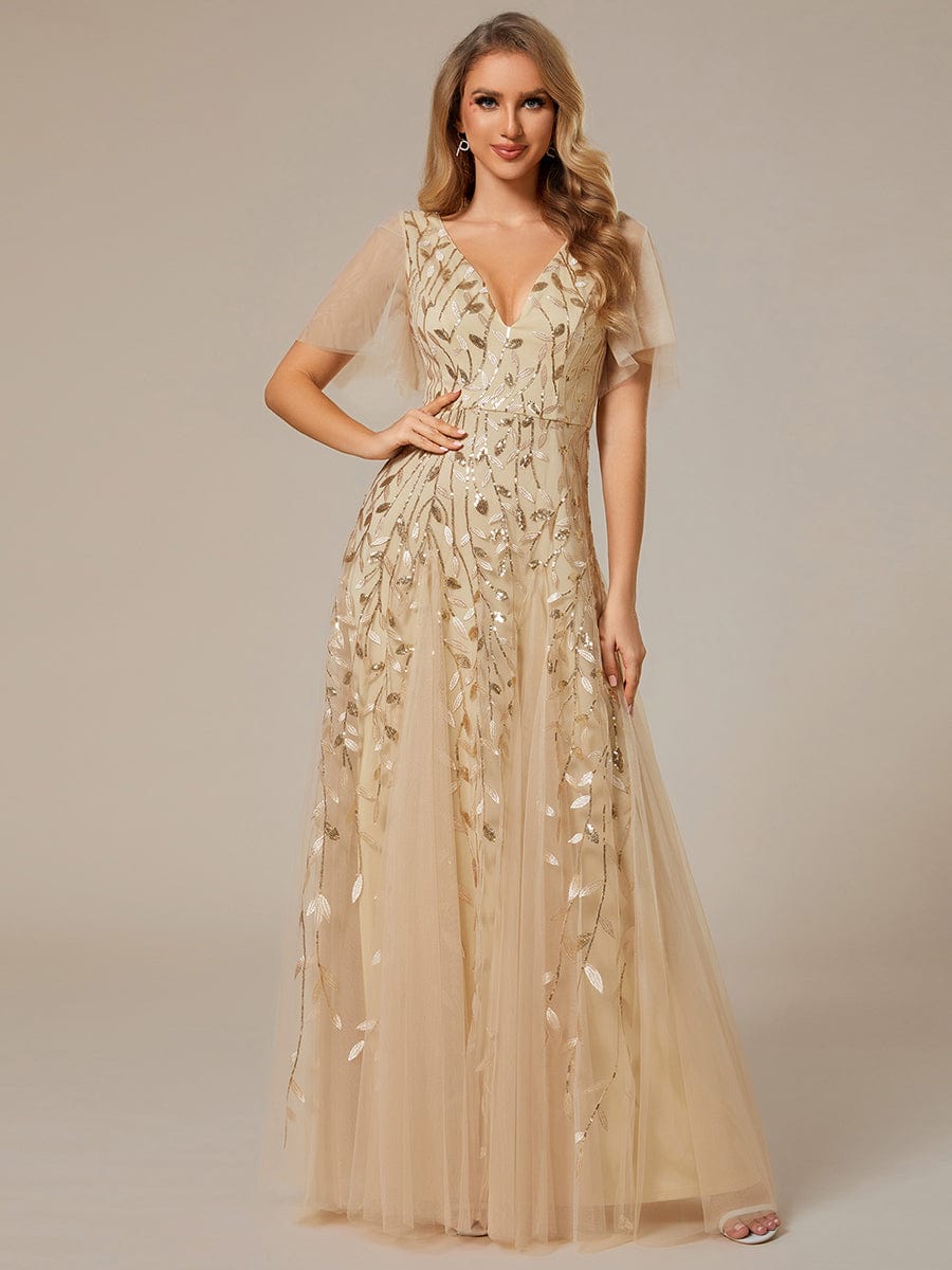 Shimmery V Neck Ruffle Sleeves Sequin Maxi Long Evening Dress #color_Gold