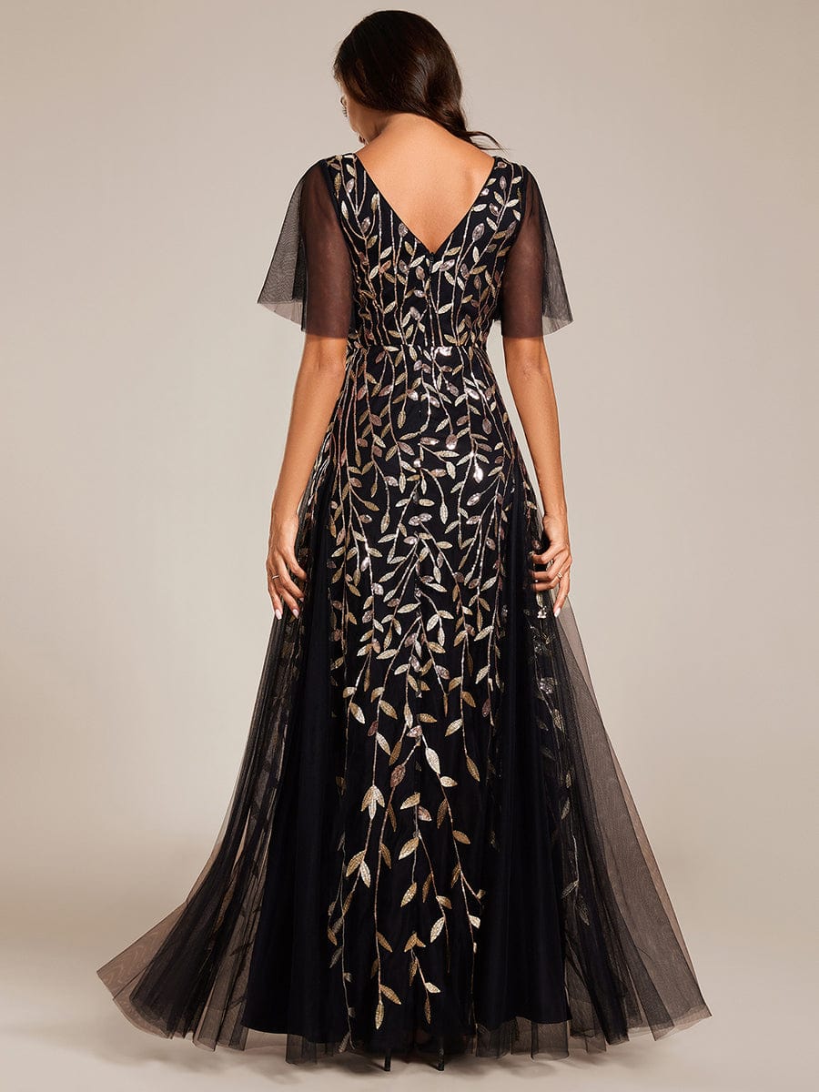 Shimmery V Neck Ruffle Sleeves Sequin Maxi Long Evening Dress #color_Black & Gold