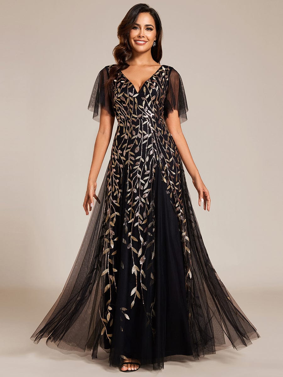 Shimmery V Neck Ruffle Sleeves Sequin Maxi Long Evening Dress #color_Black & Gold