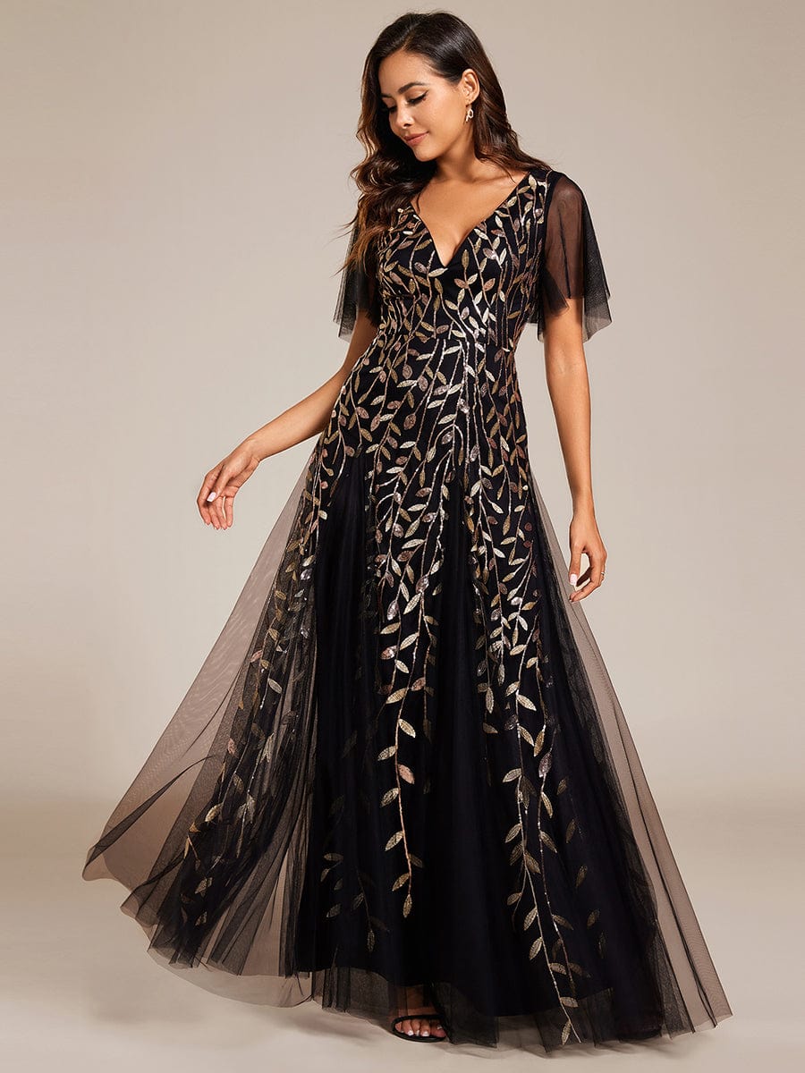 Shimmery V Neck Ruffle Sleeves Sequin Maxi Long Evening Dress #color_Black & Gold