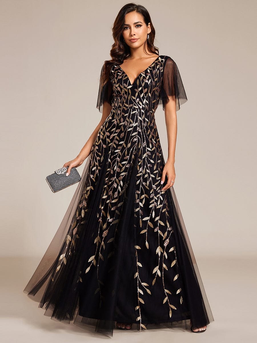 Shimmery V Neck Ruffle Sleeves Sequin Maxi Long Evening Dress #color_Black & Gold