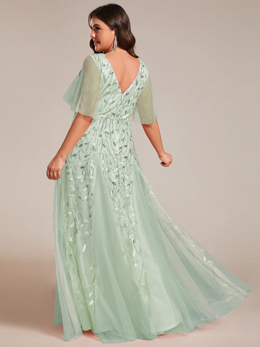 Shimmery V Neck Ruffle Sleeves Sequin Maxi Long Evening Dress #color_Mint Green
