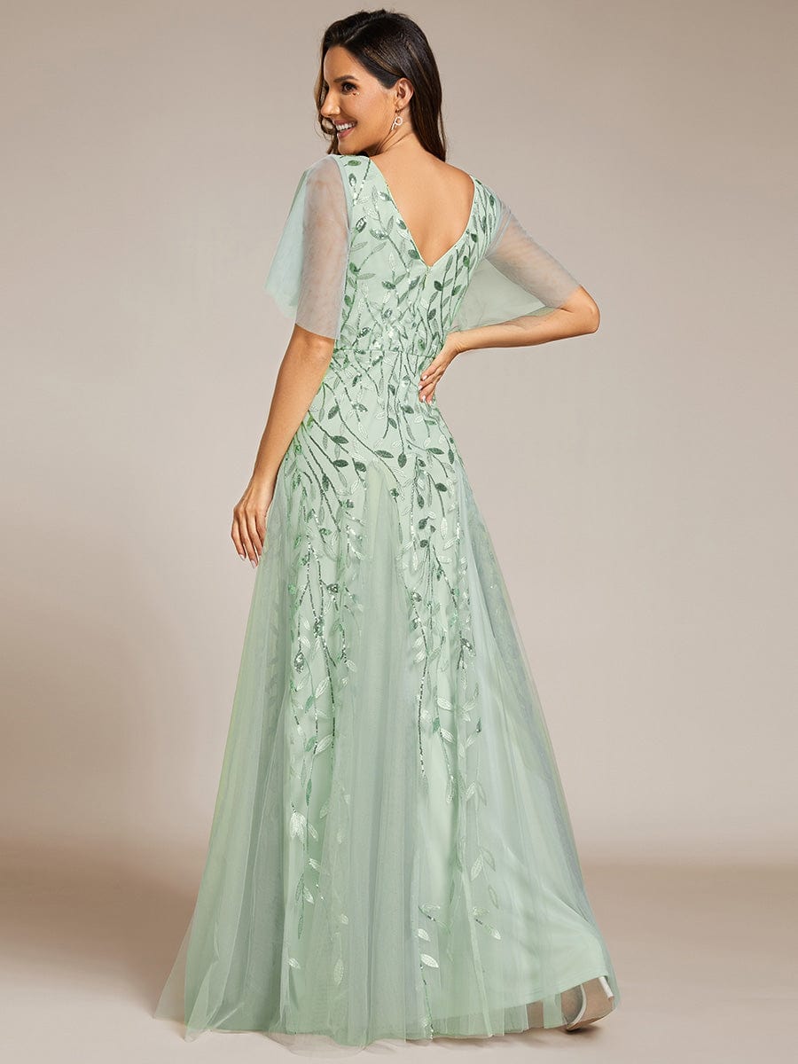 Shimmery V Neck Ruffle Sleeves Sequin Maxi Long Evening Dress #color_Mint Green