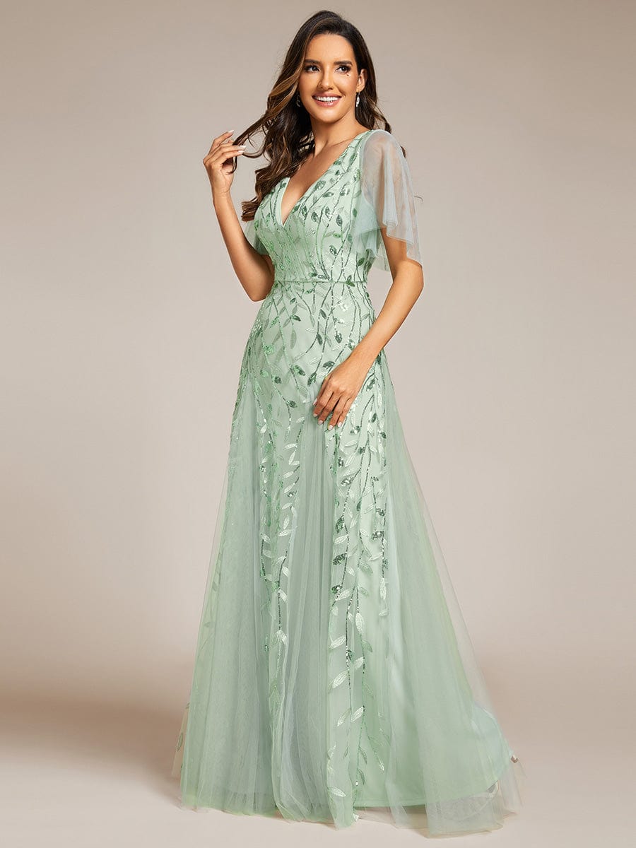 Shimmery V Neck Ruffle Sleeves Sequin Maxi Long Evening Dress #color_Mint Green