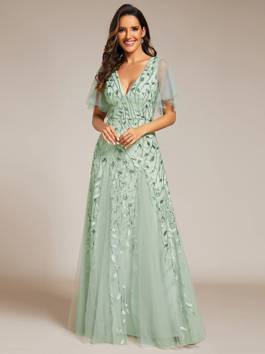 Shimmery V Neck Ruffle Sleeves Sequin Maxi Long Evening Dress #color_Mint Green