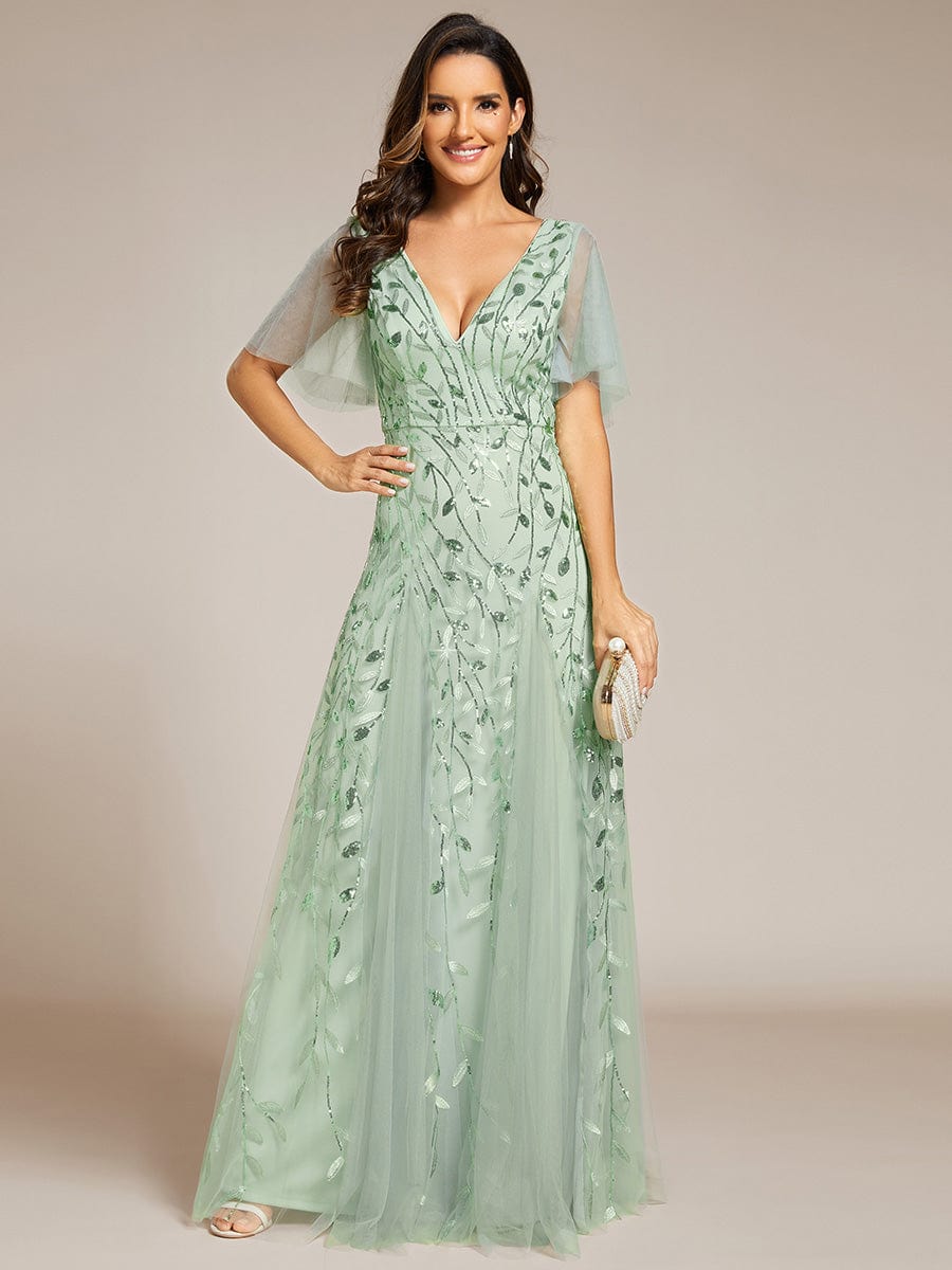 Shimmery V Neck Ruffle Sleeves Sequin Maxi Long Evening Dress #color_Mint Green