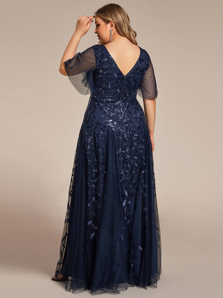 Shimmery V Neck Ruffle Sleeves Sequin Maxi Long Evening Dress #color_Navy Blue