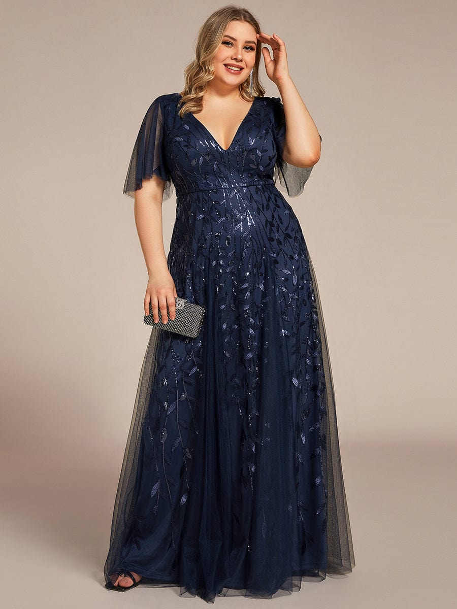 Shimmery V Neck Ruffle Sleeves Sequin Maxi Long Evening Dress #color_Navy Blue