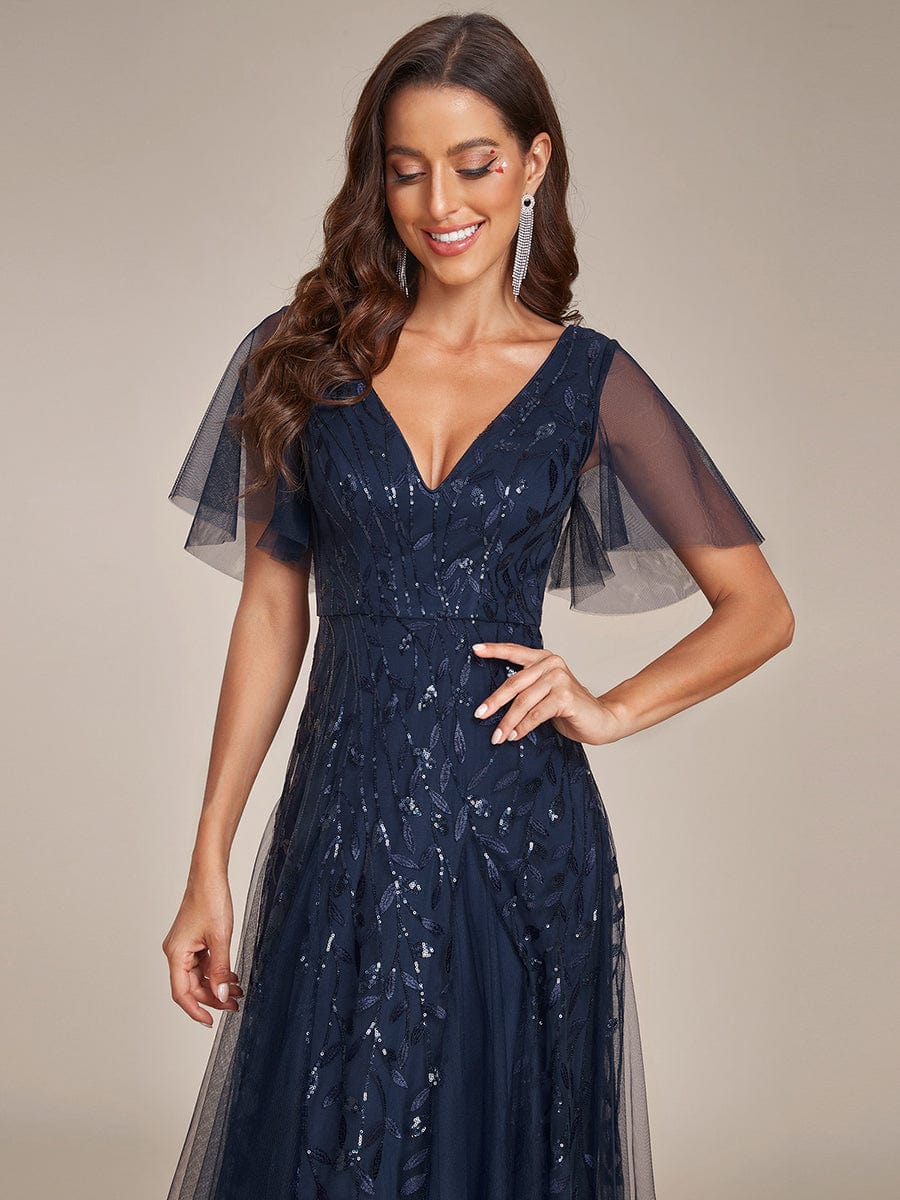 Shimmery V Neck Ruffle Sleeves Sequin Maxi Long Evening Dress #color_Navy Blue