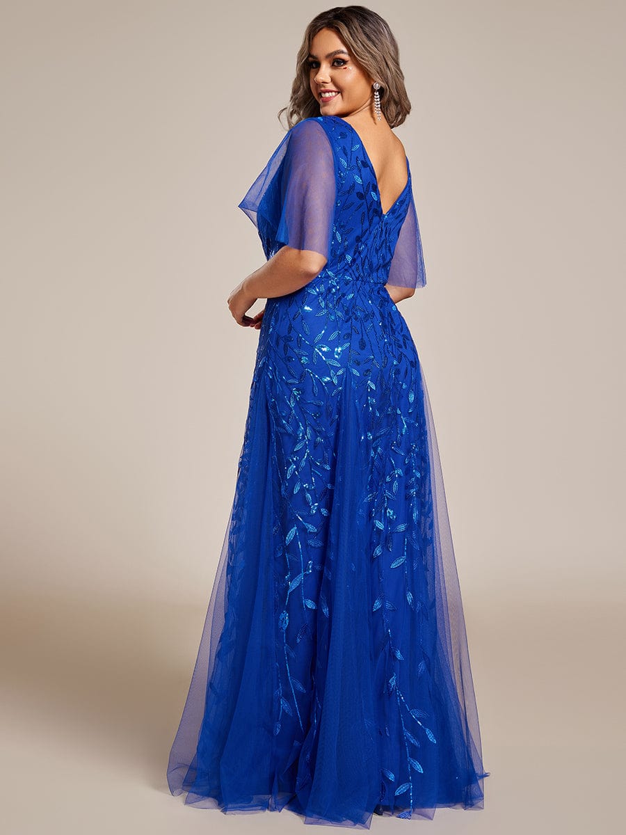 Shimmery V Neck Ruffle Sleeves Sequin Maxi Long Evening Dress #color_Sapphire Blue