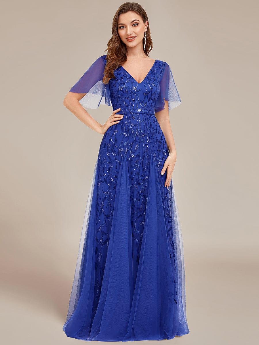 Shimmery V Neck Ruffle Sleeves Sequin Maxi Long Evening Dress #color_Sapphire Blue