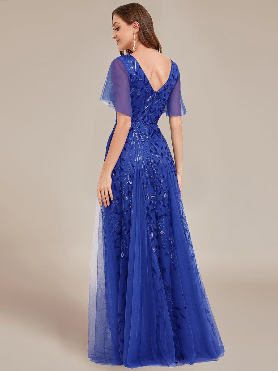 Shimmery V Neck Ruffle Sleeves Sequin Maxi Long Evening Dress #color_Sapphire Blue