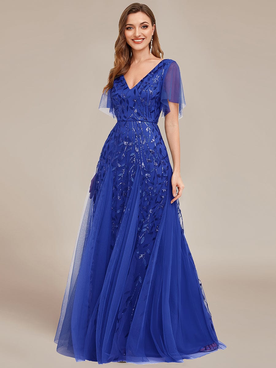 Shimmery V Neck Ruffle Sleeves Sequin Maxi Long Evening Dress #color_Sapphire Blue