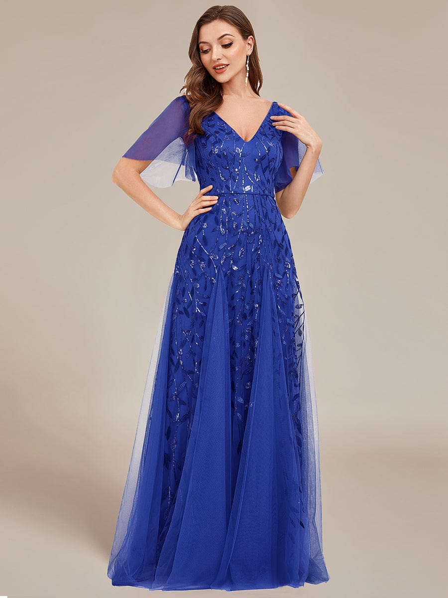 Shimmery V Neck Ruffle Sleeves Sequin Maxi Long Evening Dress #color_Sapphire Blue
