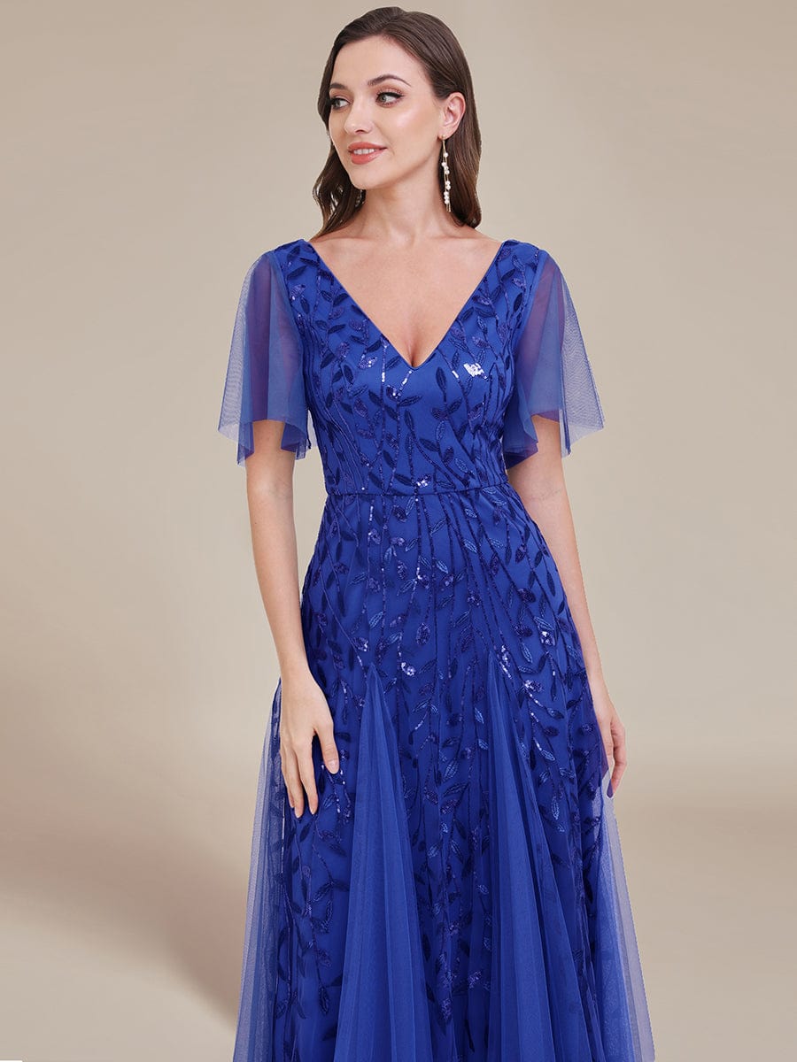 Shimmery V Neck Ruffle Sleeves Sequin Maxi Long Evening Dress #color_Sapphire Blue