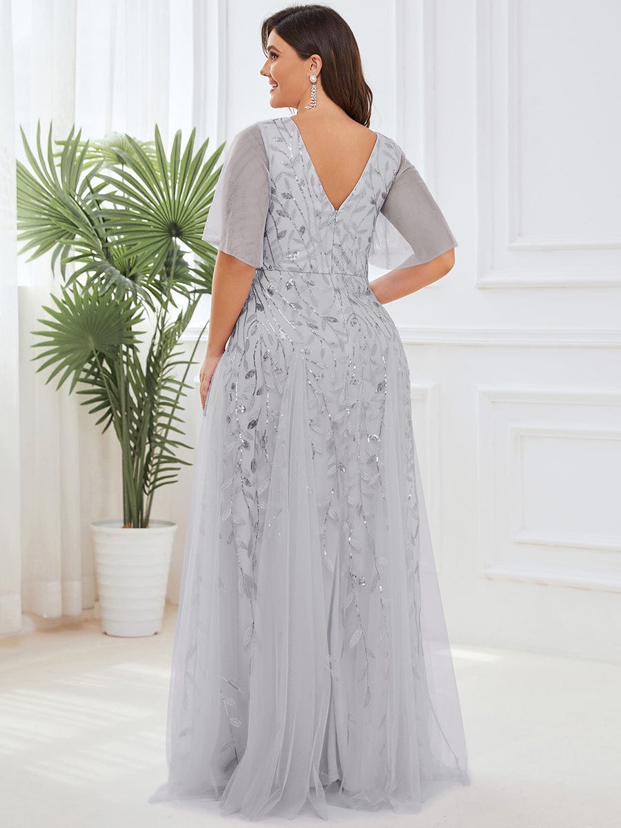 Shimmery V Neck Ruffle Sleeves Sequin Maxi Long Evening Dress #color_Silver