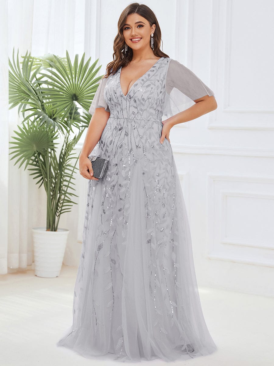 Shimmery V Neck Ruffle Sleeves Sequin Maxi Long Evening Dress #color_Silver