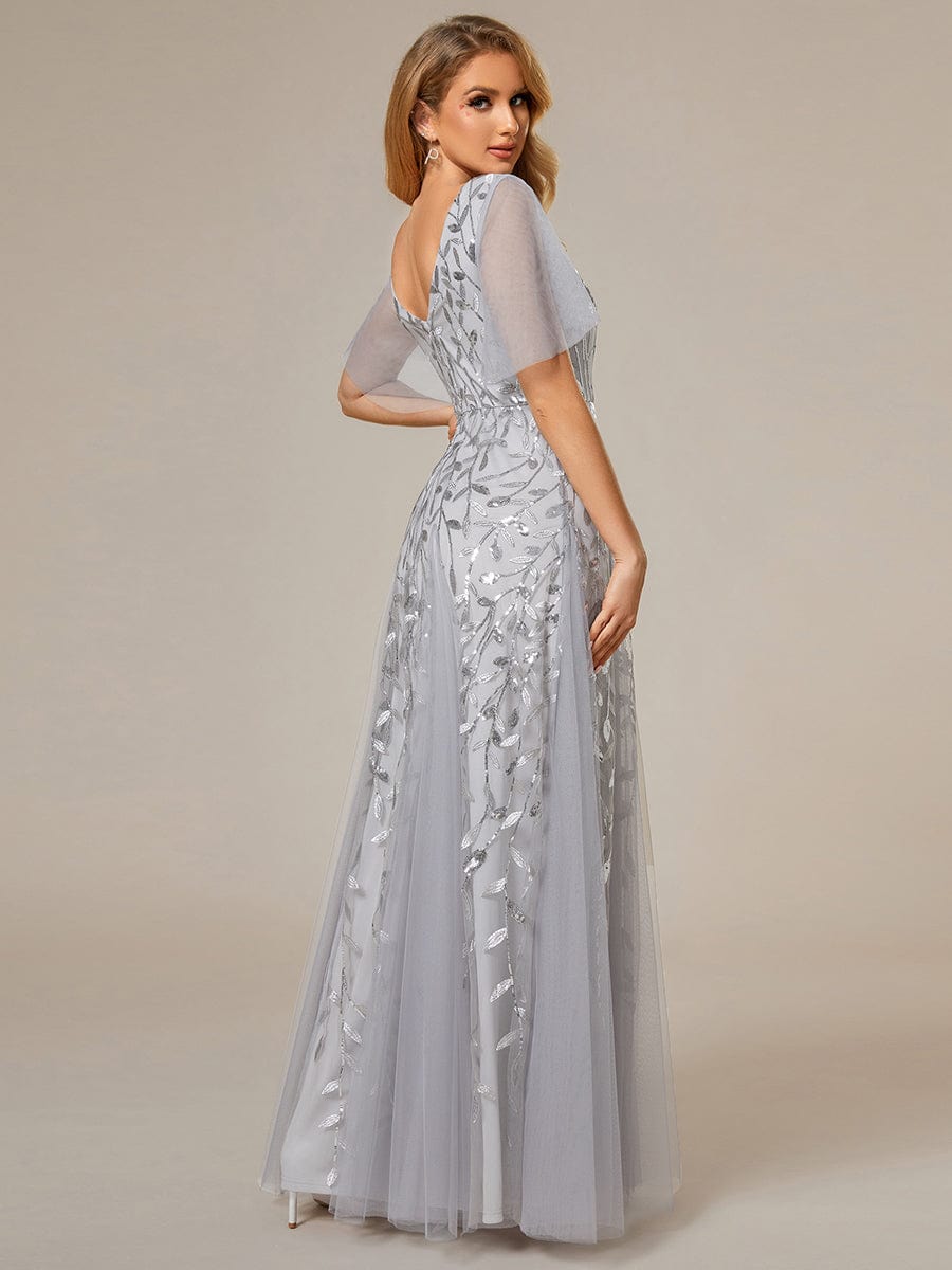 Shimmery V Neck Ruffle Sleeves Sequin Maxi Long Evening Dress #color_Silver