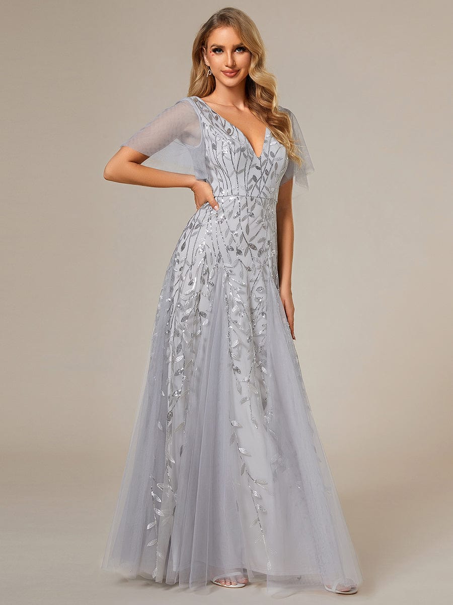 Shimmery V Neck Ruffle Sleeves Sequin Maxi Long Evening Dress #color_Silver