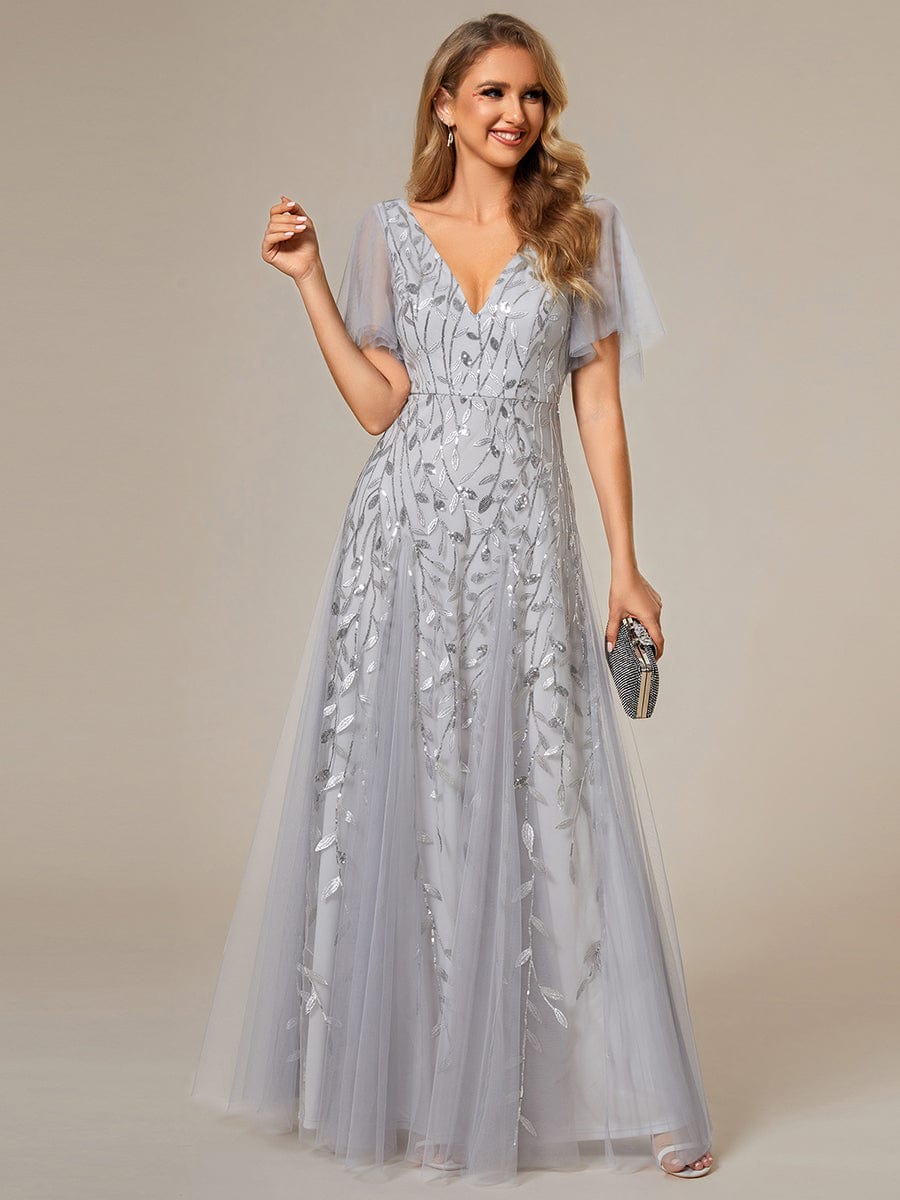 Shimmery V Neck Ruffle Sleeves Sequin Maxi Long Evening Dress #color_Silver