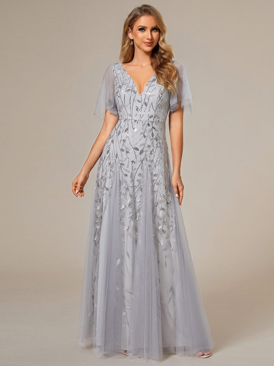 Shimmery V Neck Ruffle Sleeves Sequin Maxi Long Evening Dress #color_Silver