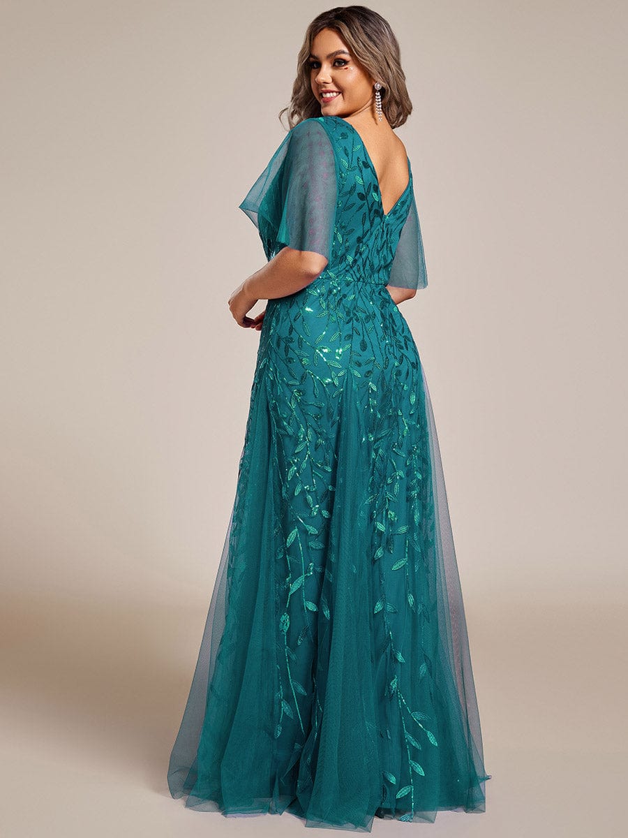 Shimmery V Neck Ruffle Sleeves Sequin Maxi Long Evening Dress #color_Teal