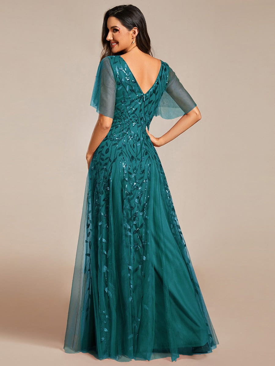 Shimmery V Neck Ruffle Sleeves Sequin Maxi Long Evening Dress #color_Teal