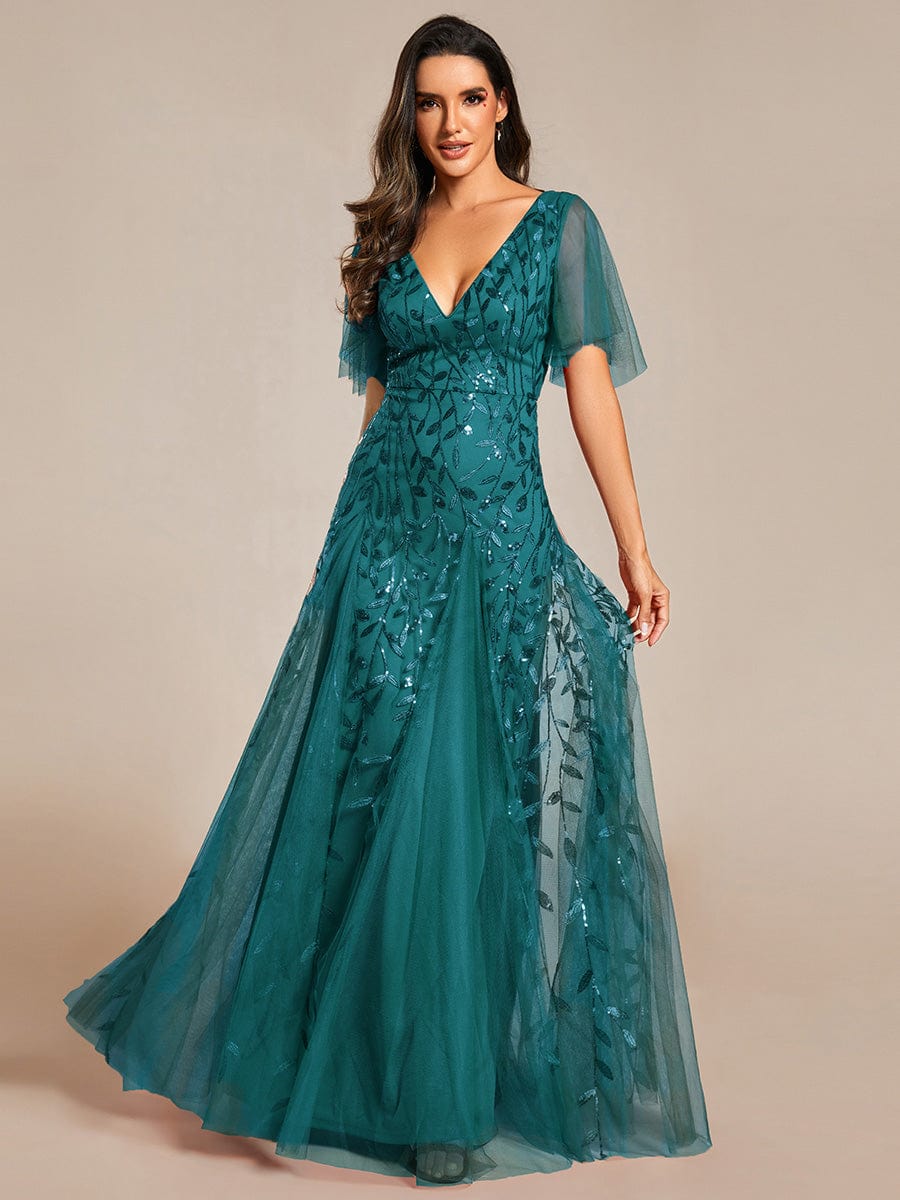 Shimmery V Neck Ruffle Sleeves Sequin Maxi Long Evening Dress #color_Teal