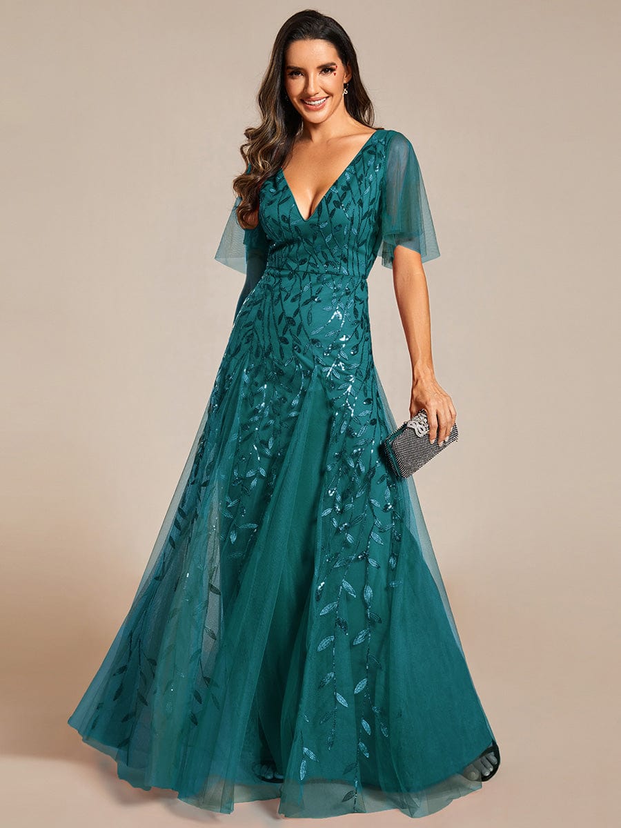 Shimmery V Neck Ruffle Sleeves Sequin Maxi Long Evening Dress #color_Teal