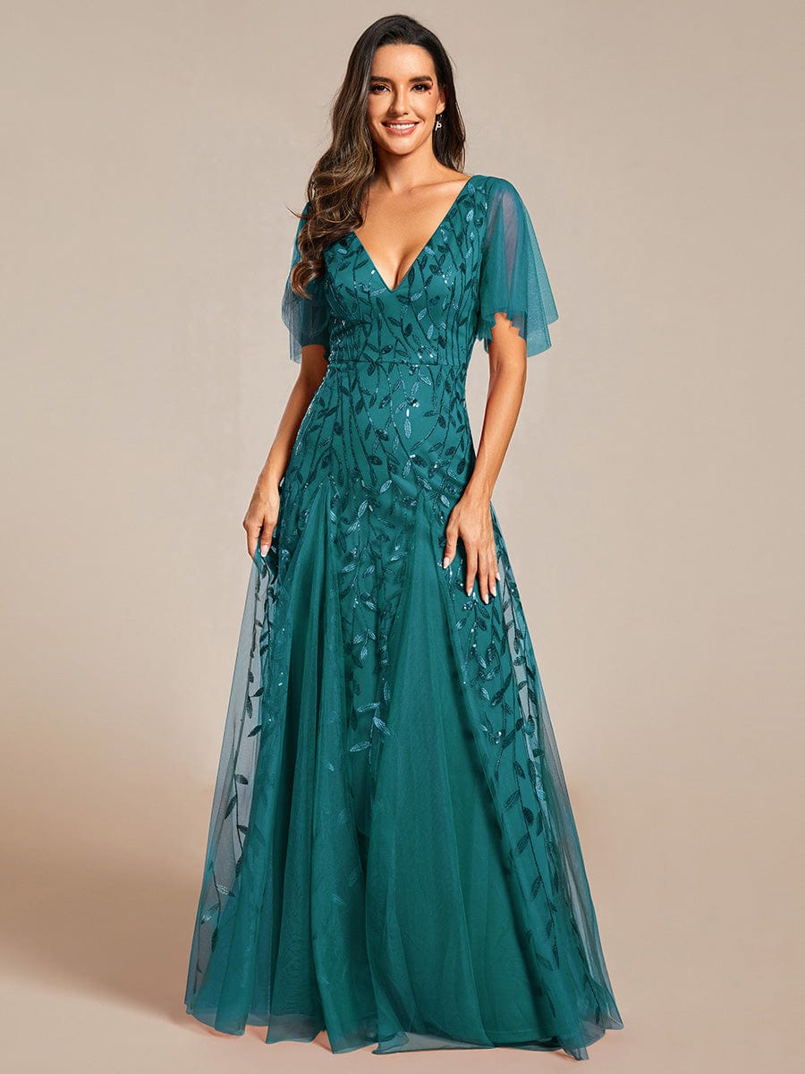 Shimmery V Neck Ruffle Sleeves Sequin Maxi Long Evening Dress #color_Teal