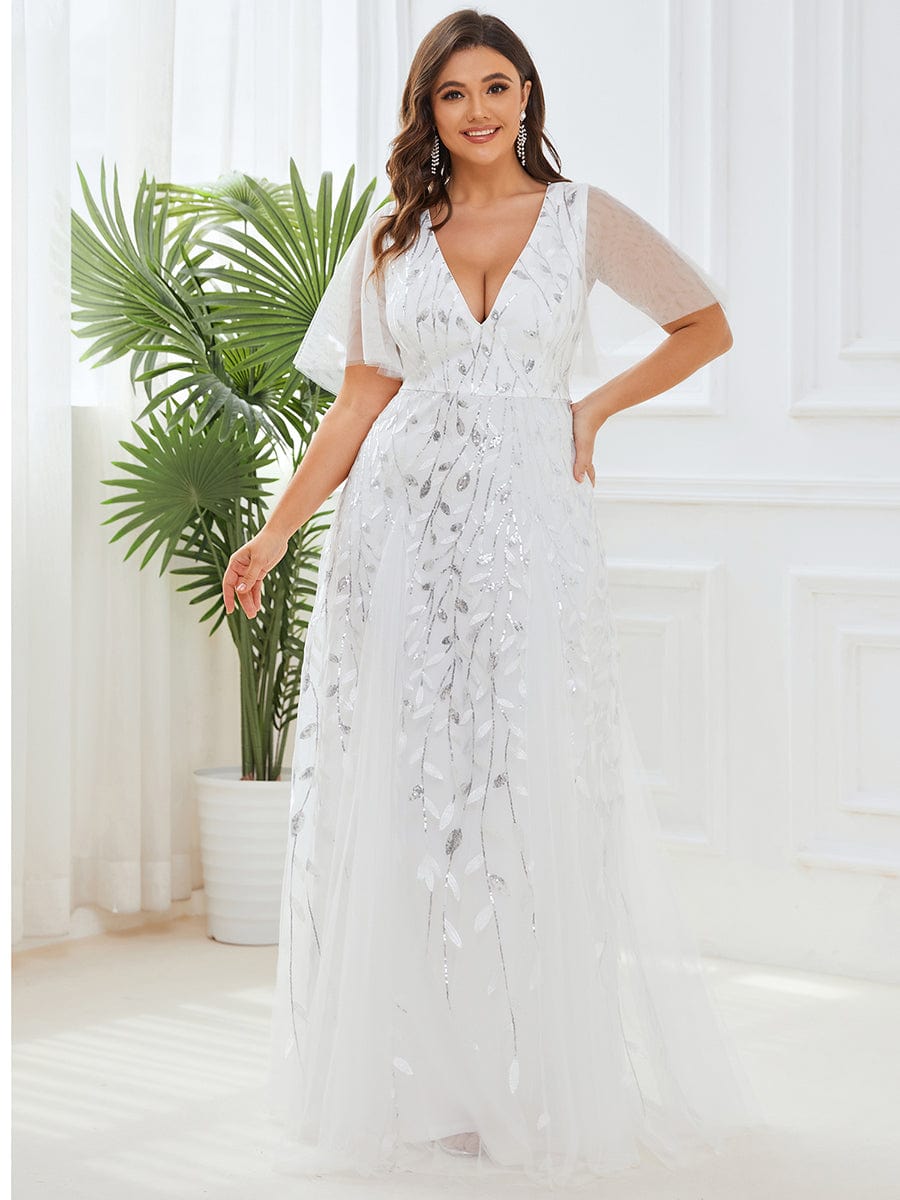 Shimmery V Neck Ruffle Sleeves Sequin Maxi Long Evening Dress #color_White